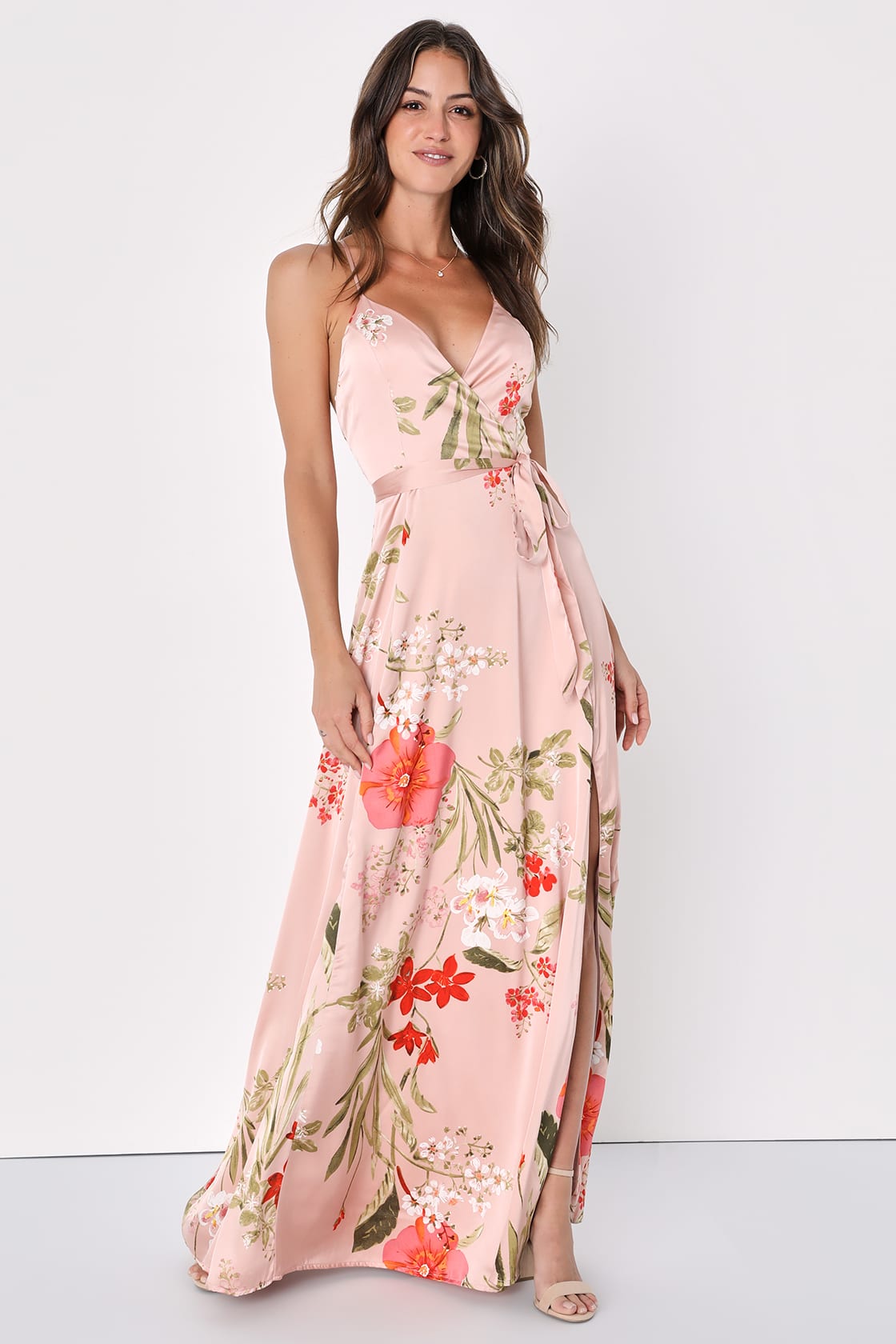 blush floral print satin maxi