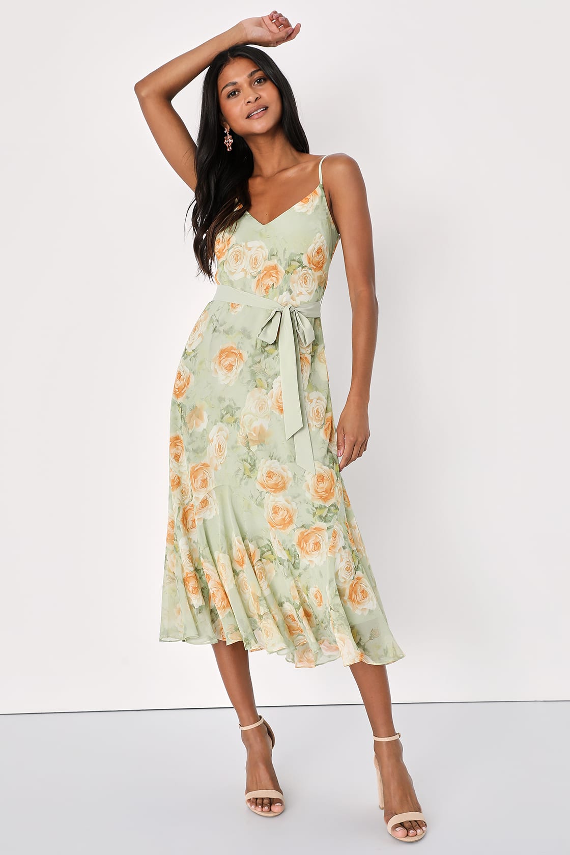 sage green floral chiffon midi dress