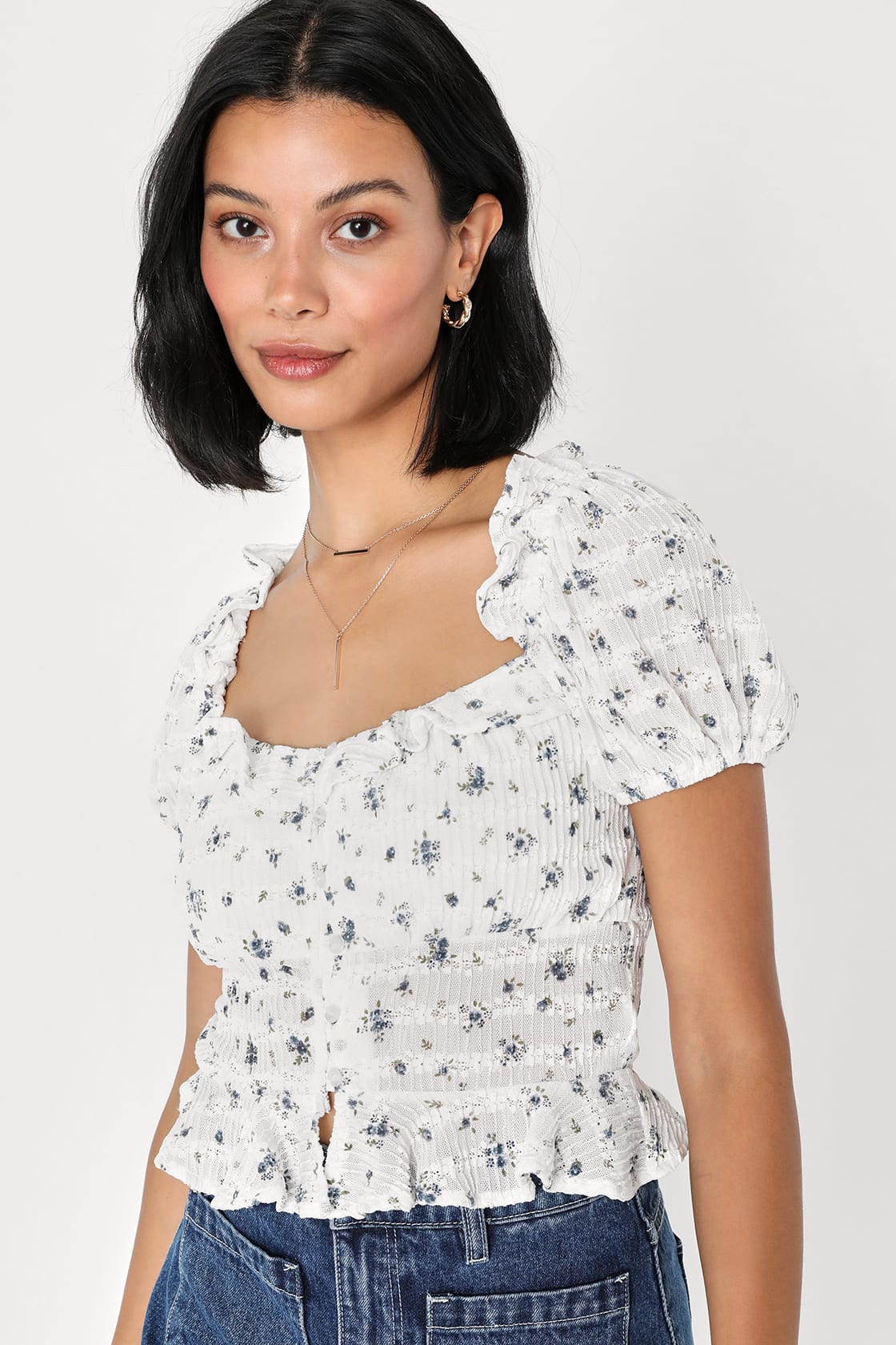 ivory floral print ruffled puff sleeve top