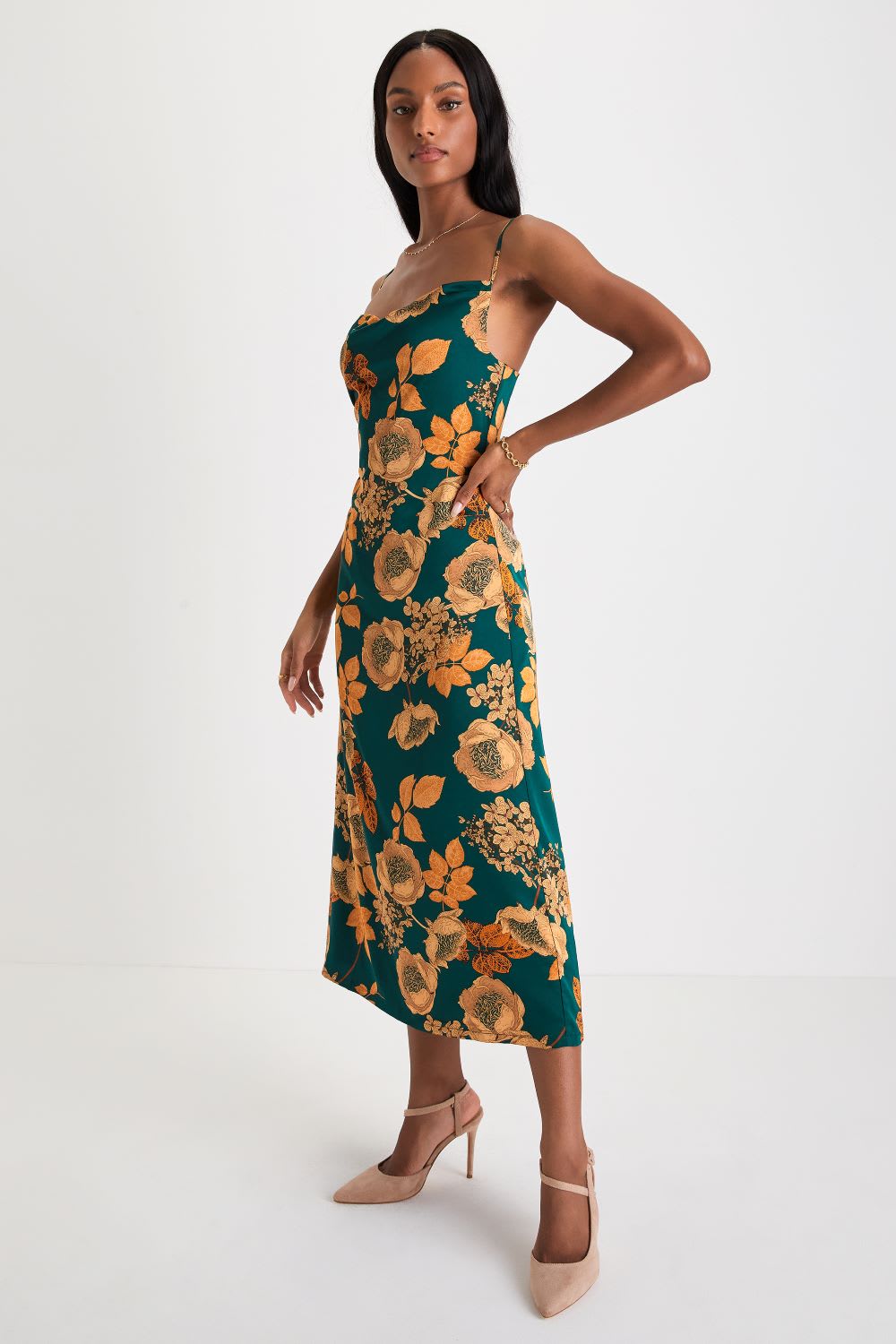 green floral satin midi dress