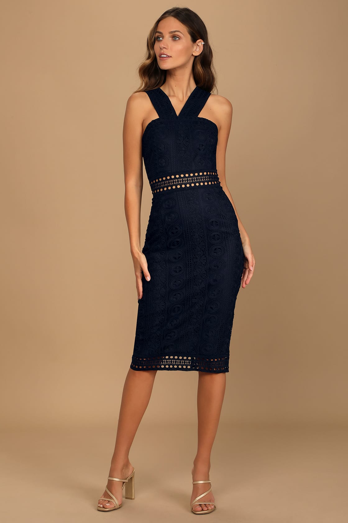 navy blue crochet lace midi dress