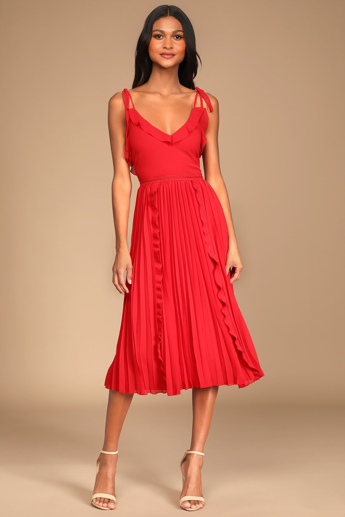 red tie strap pleated midi dress