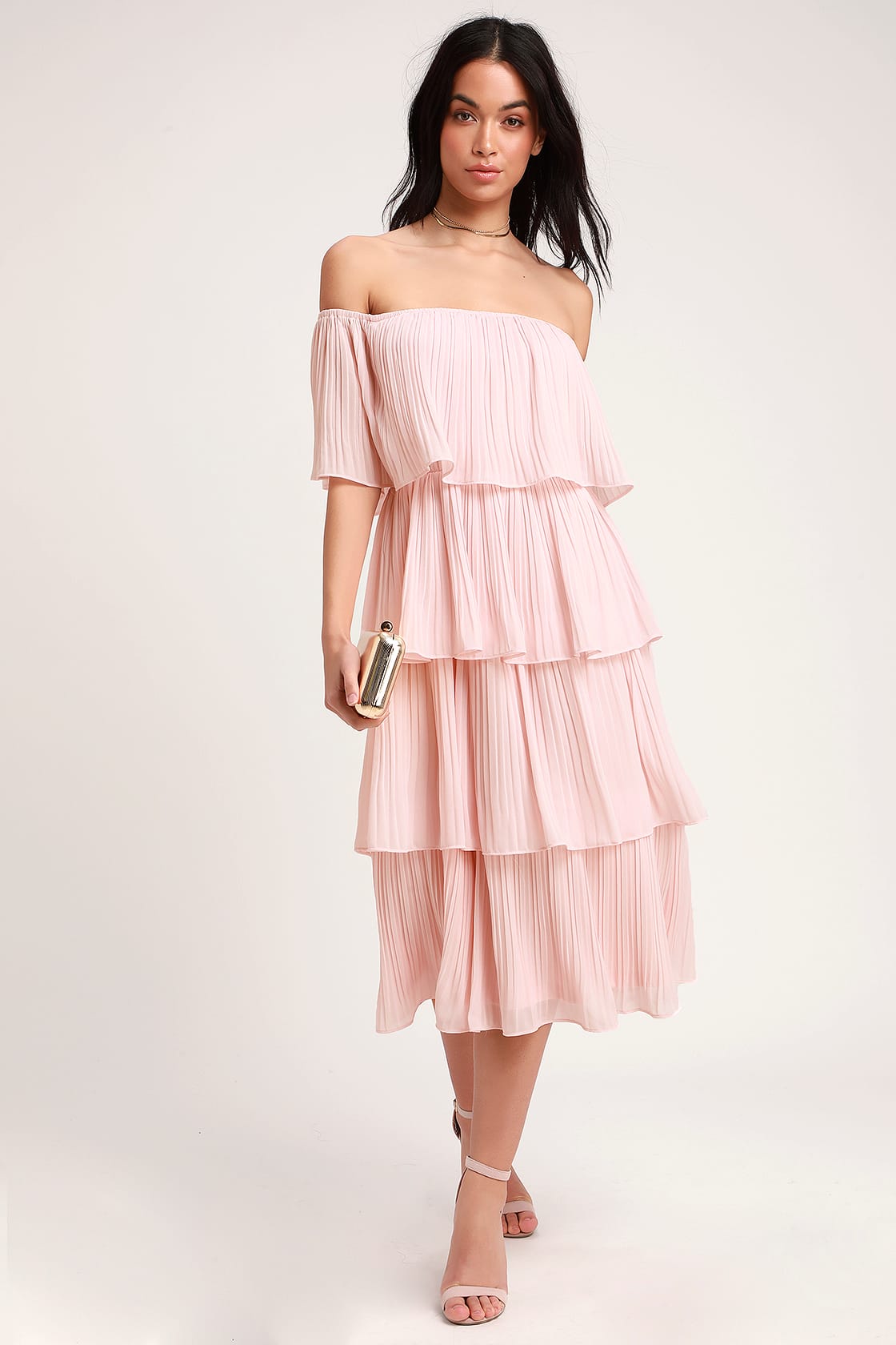 blush pink off the shoulder ruffle midi dress