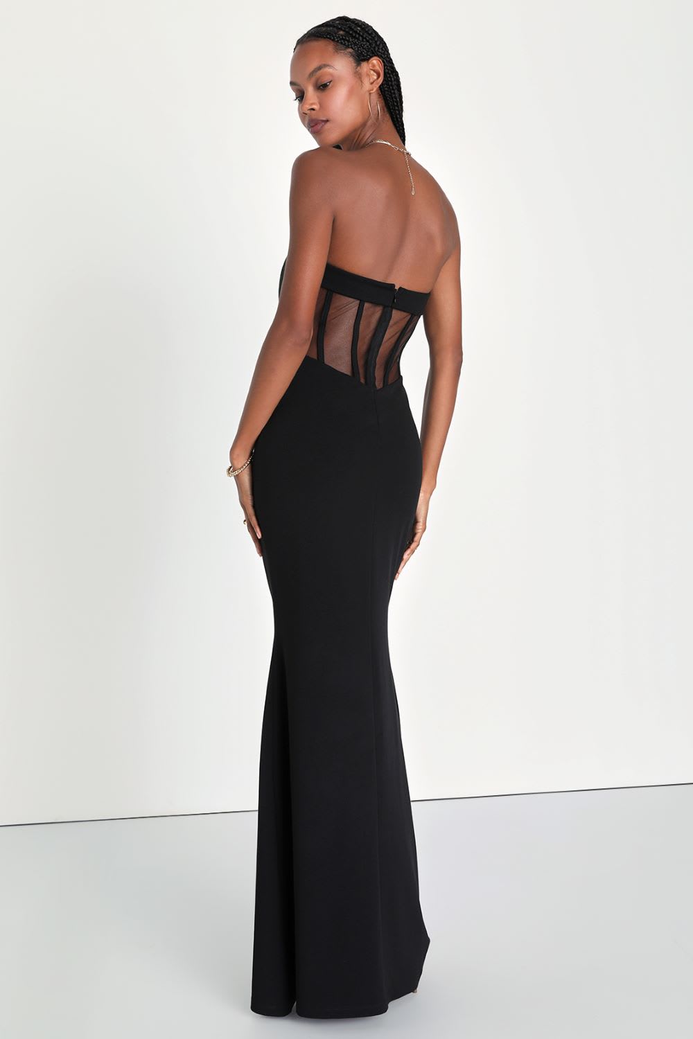 black strapless bustier mermaid maxi dress