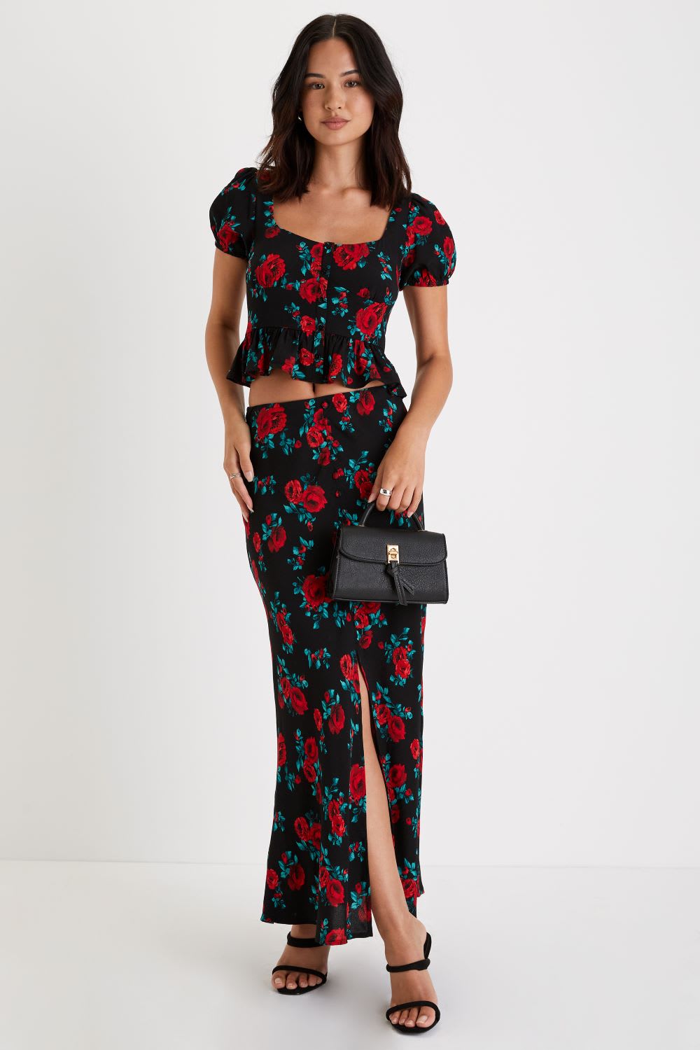 floral print high rise maxi skirt
