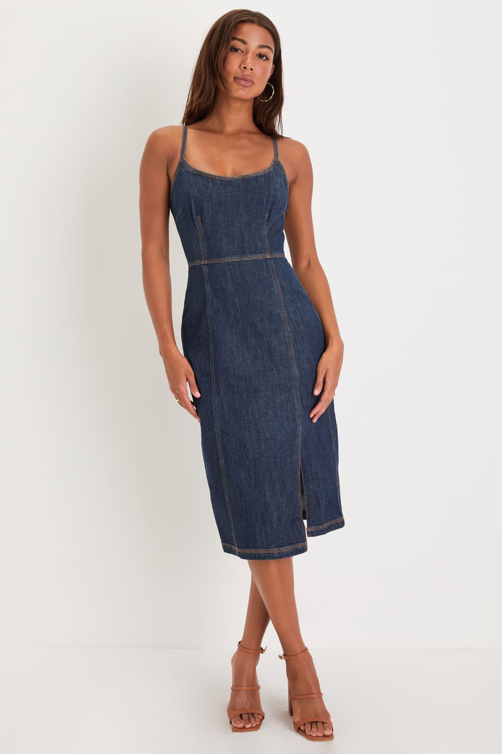 dark wash denim sleeveless midi dress