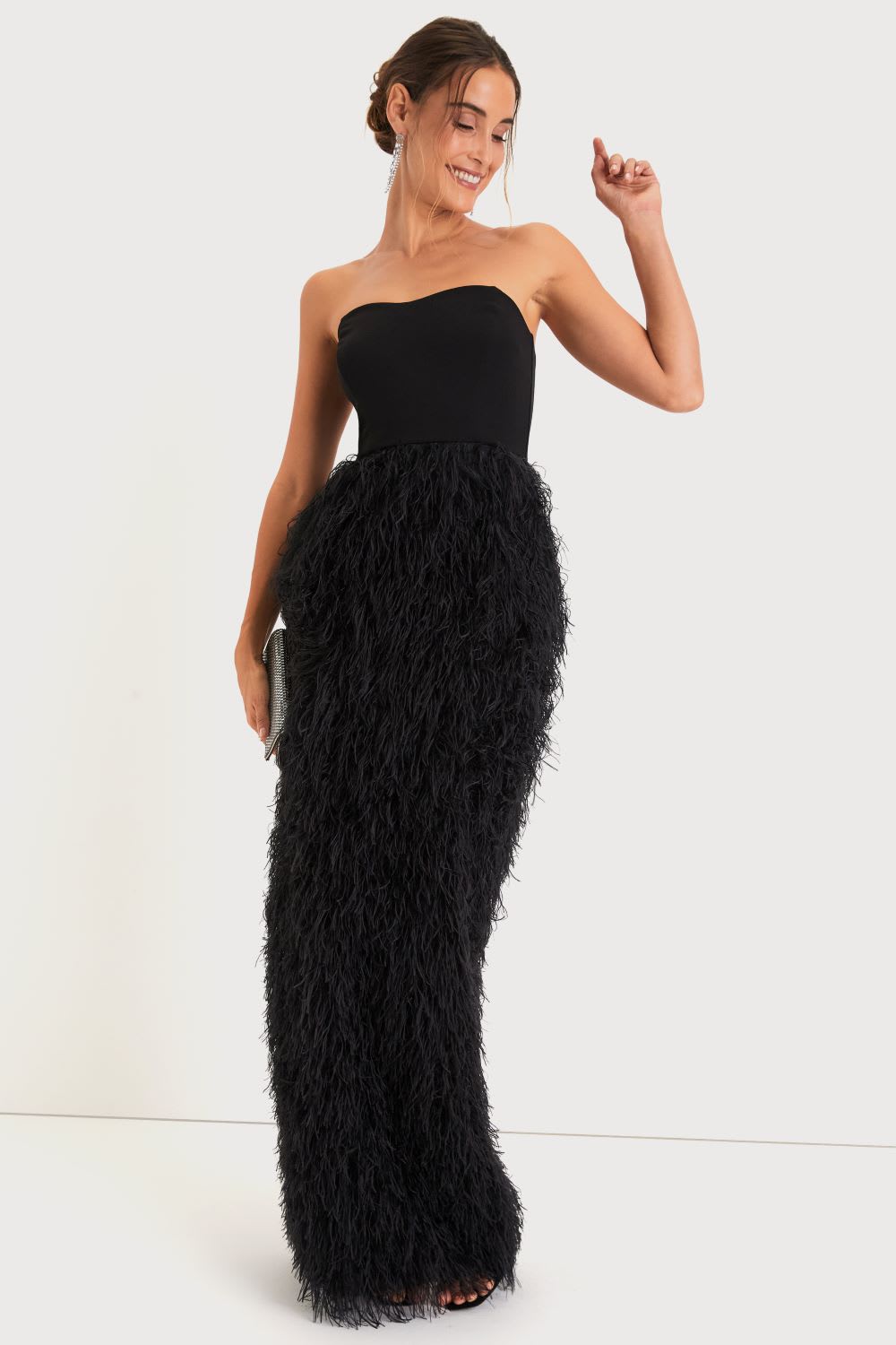 black feather strapless maxi dress