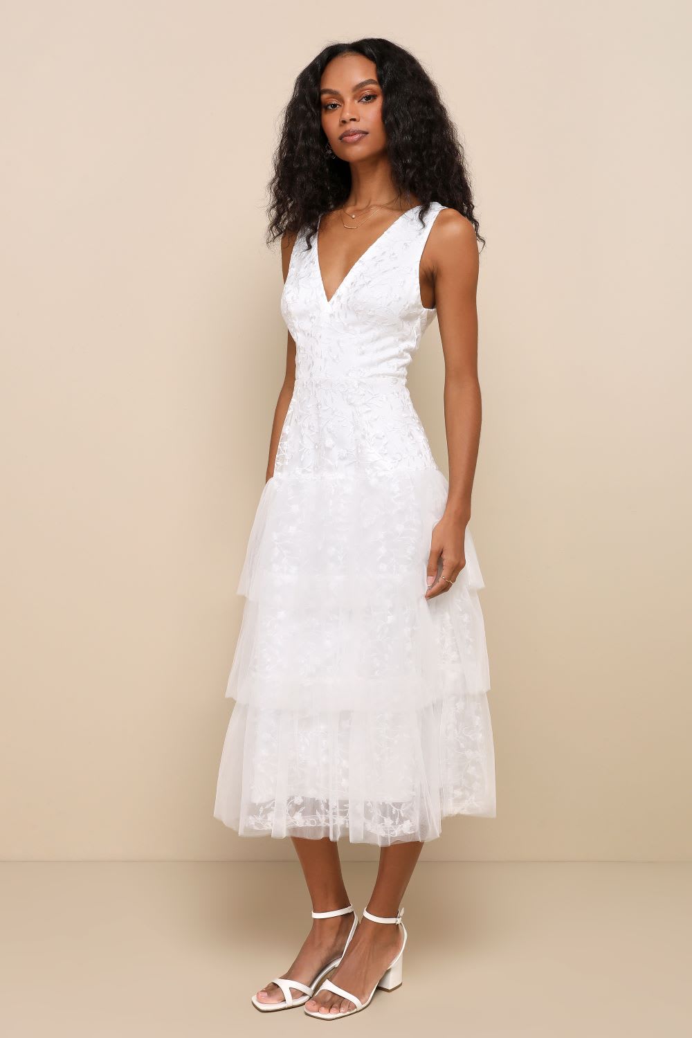 ivory tulle embroidered tiered midi dress