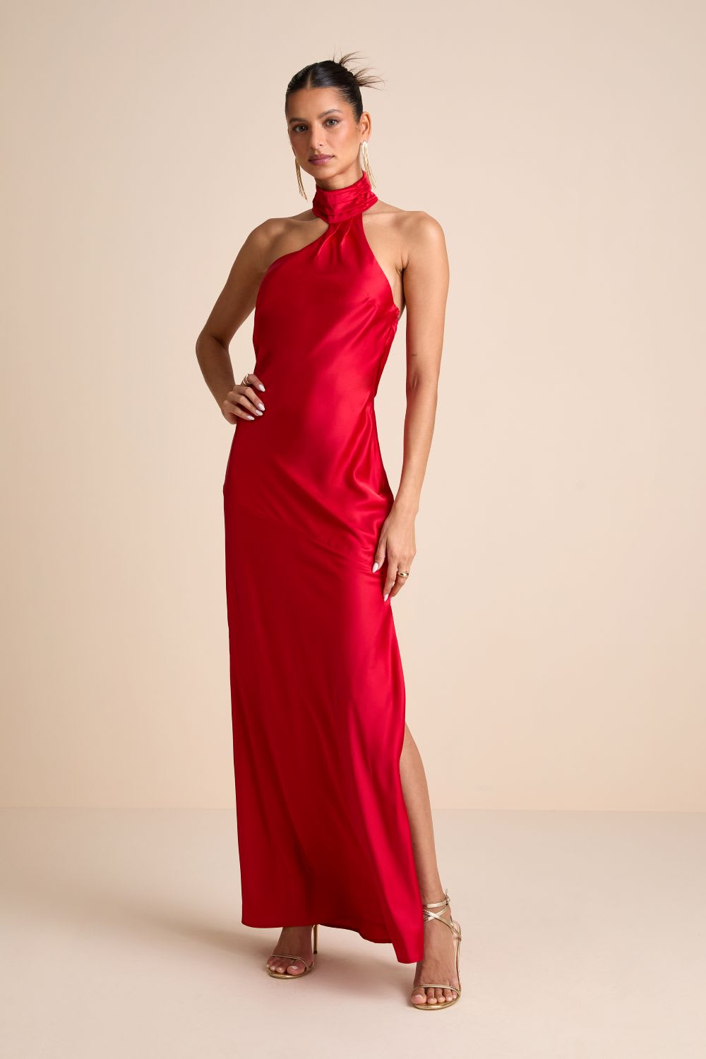 red cowl back satin maxi dress
