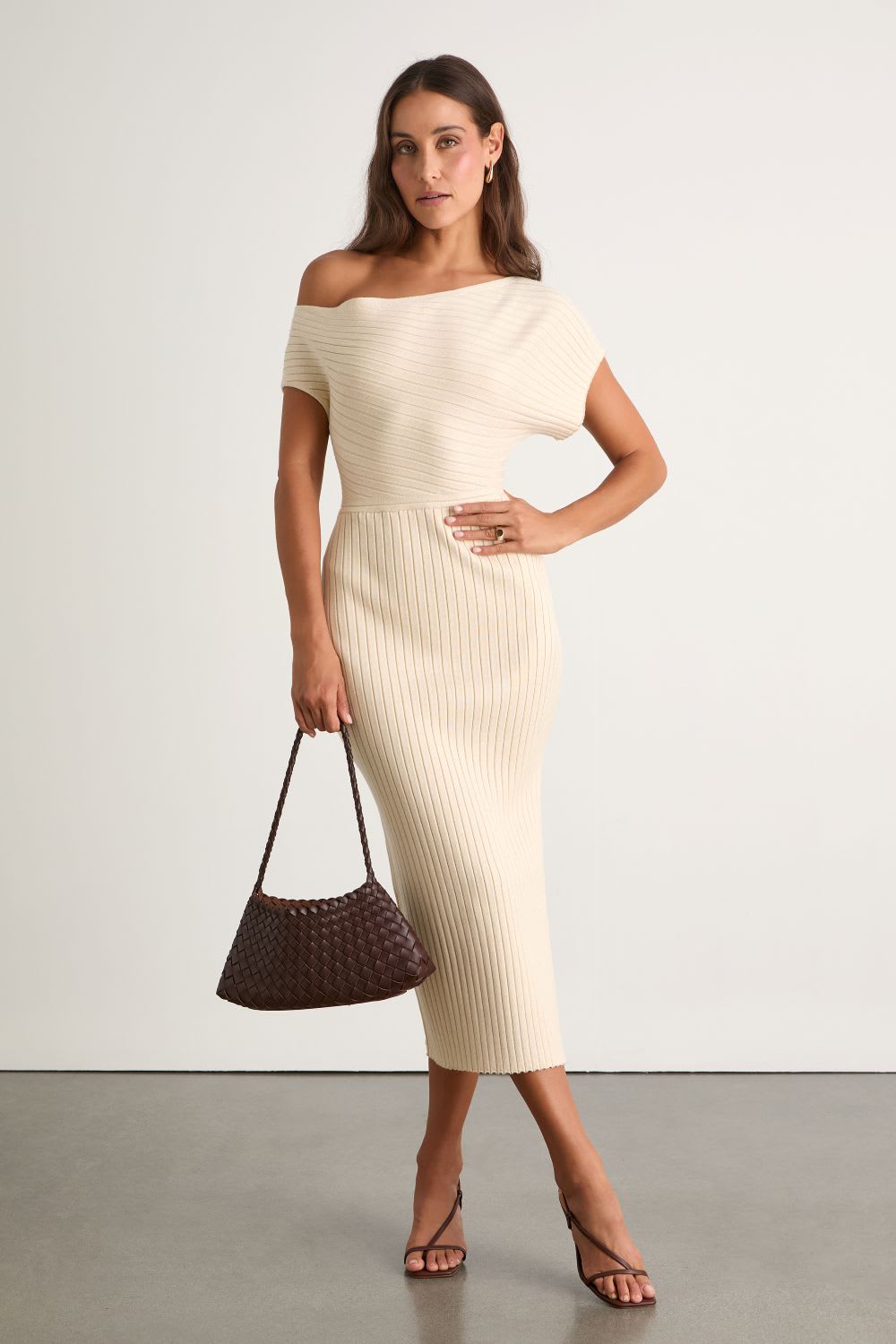 cream ribbed off the shoulder sweater midi dress