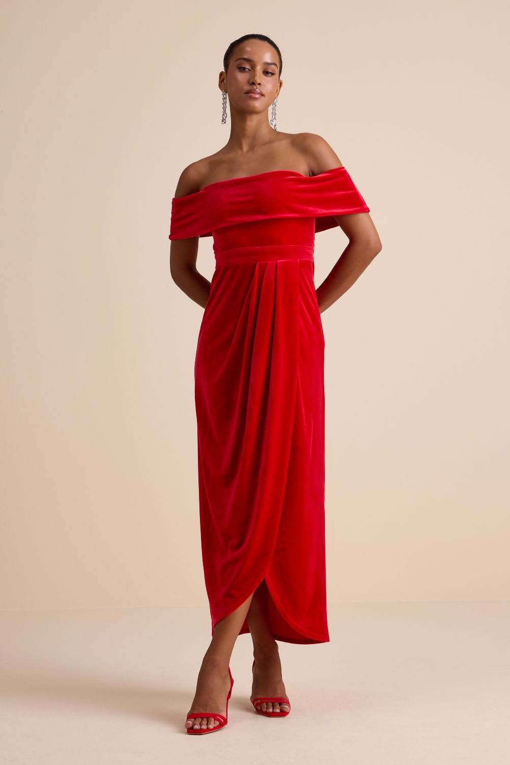red velvet off the shoulder maxi dress