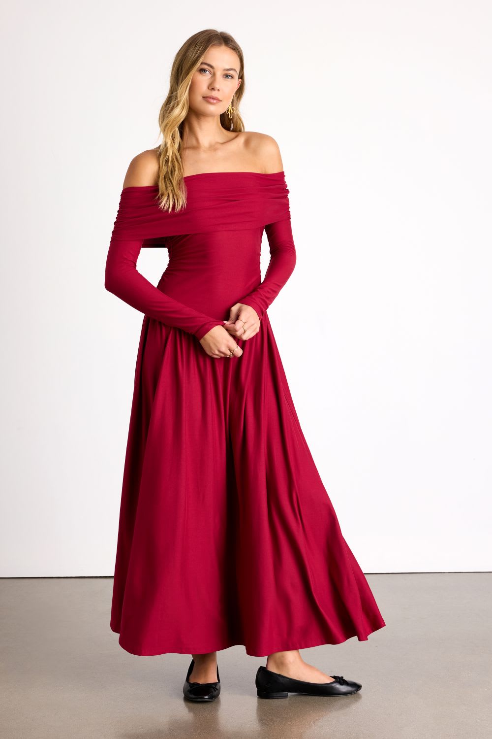 wine red off the shoulder maxi dress