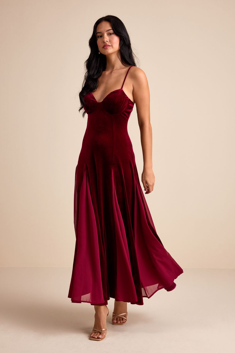 burgundy and red velvet pleated midi dress