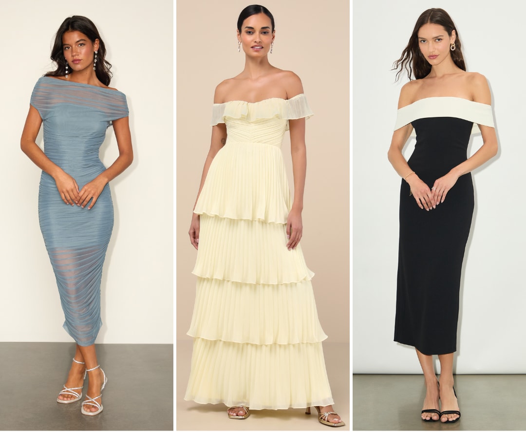 off shoulder wedding guest dresses