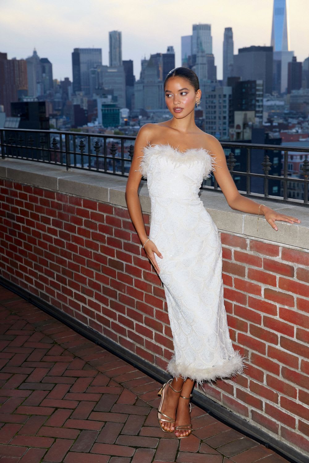 cream lace feather strapless midi dress