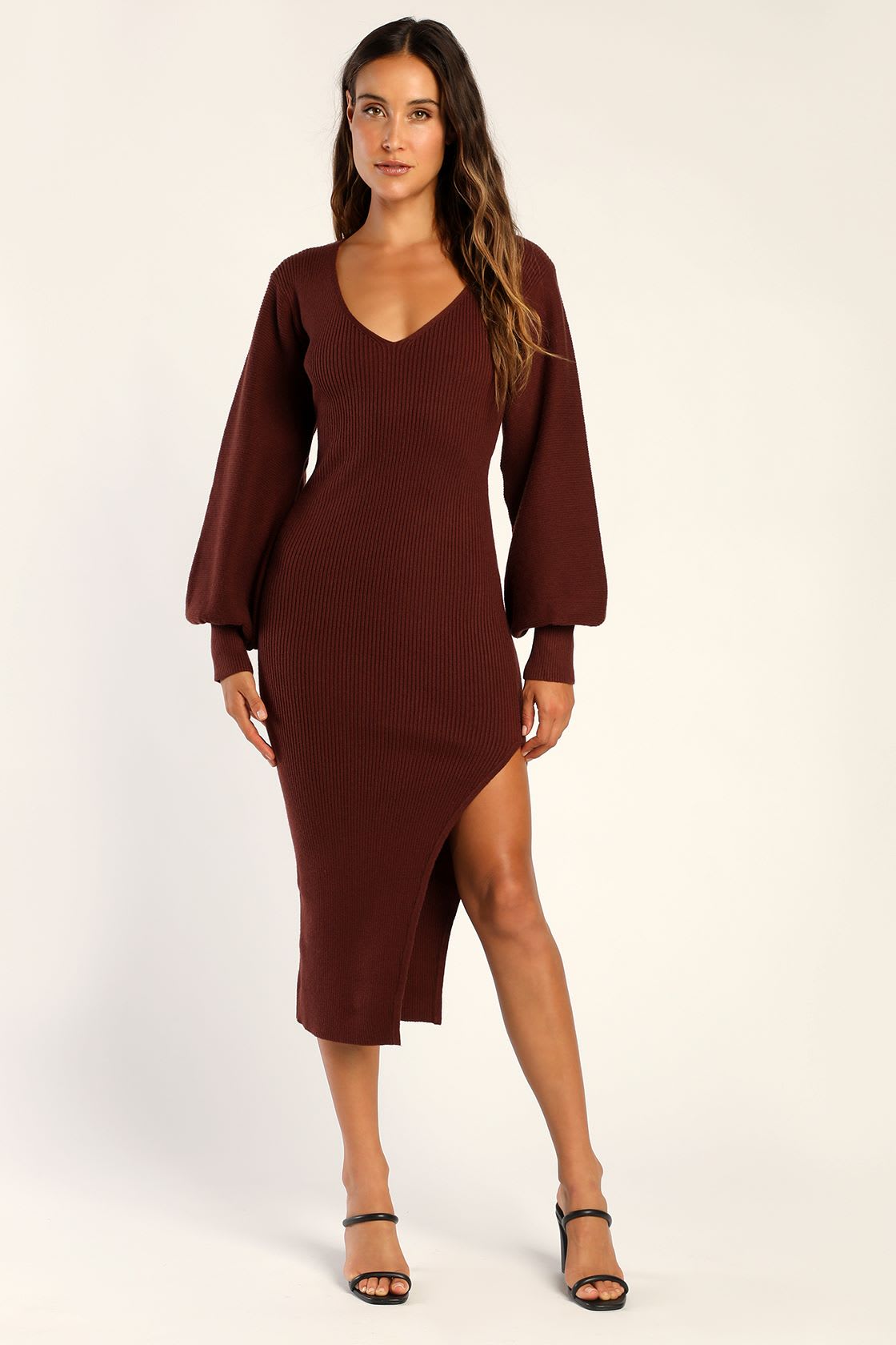 brown balloon sleeve midi sweater dress