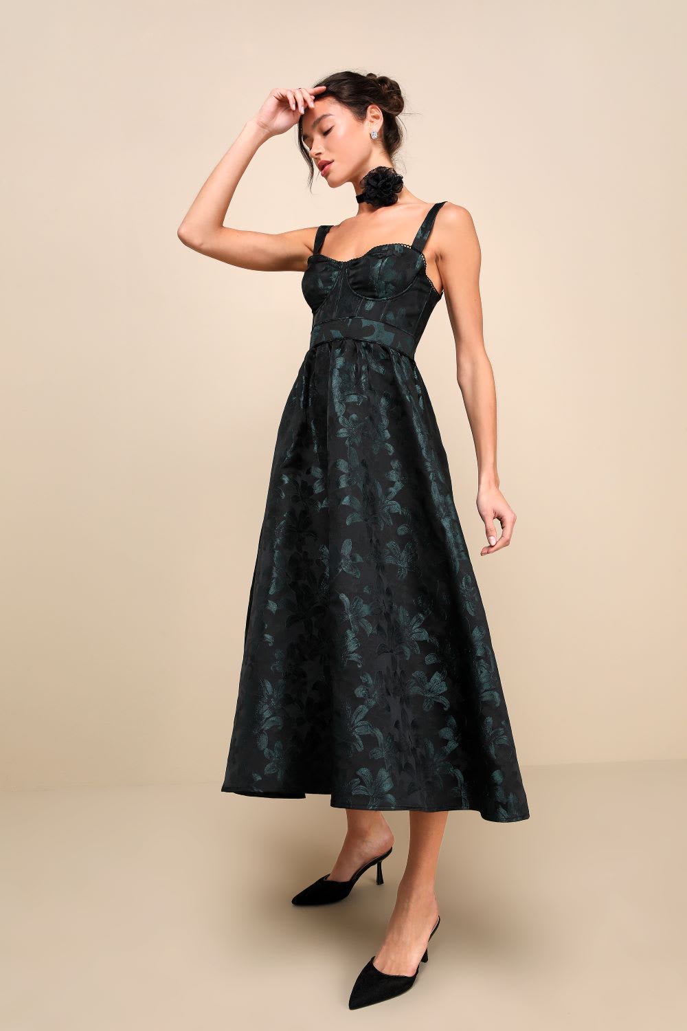 black floral jacquard bustier midi dress
