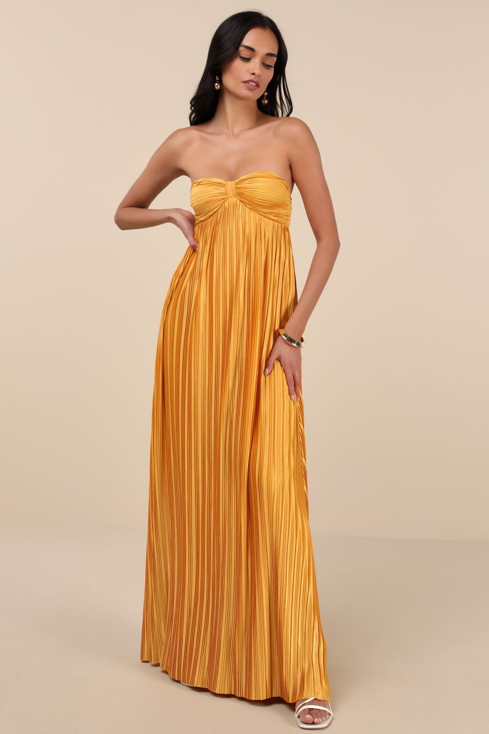 yellow strapless plissse maxi dress