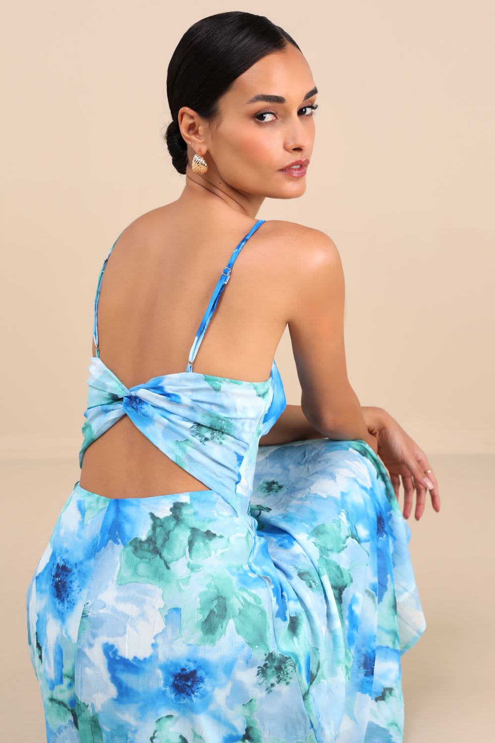 blue and green floral chiffon midi dress