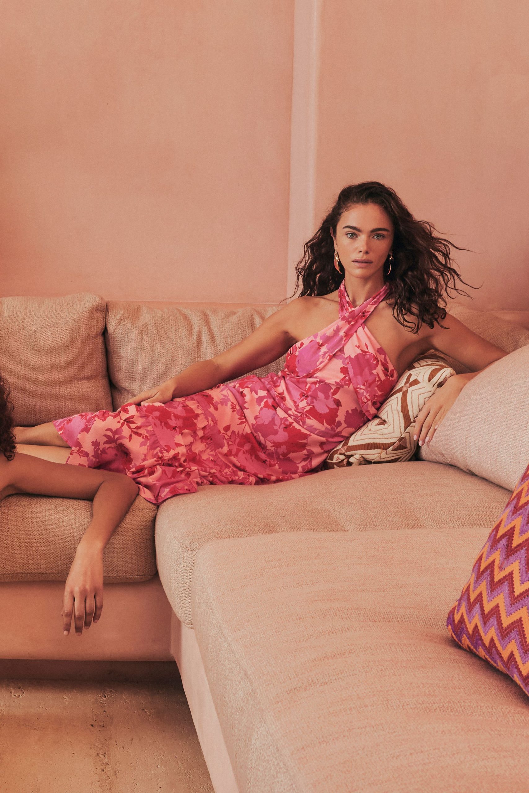 hot pink floral tiered halter midi dress