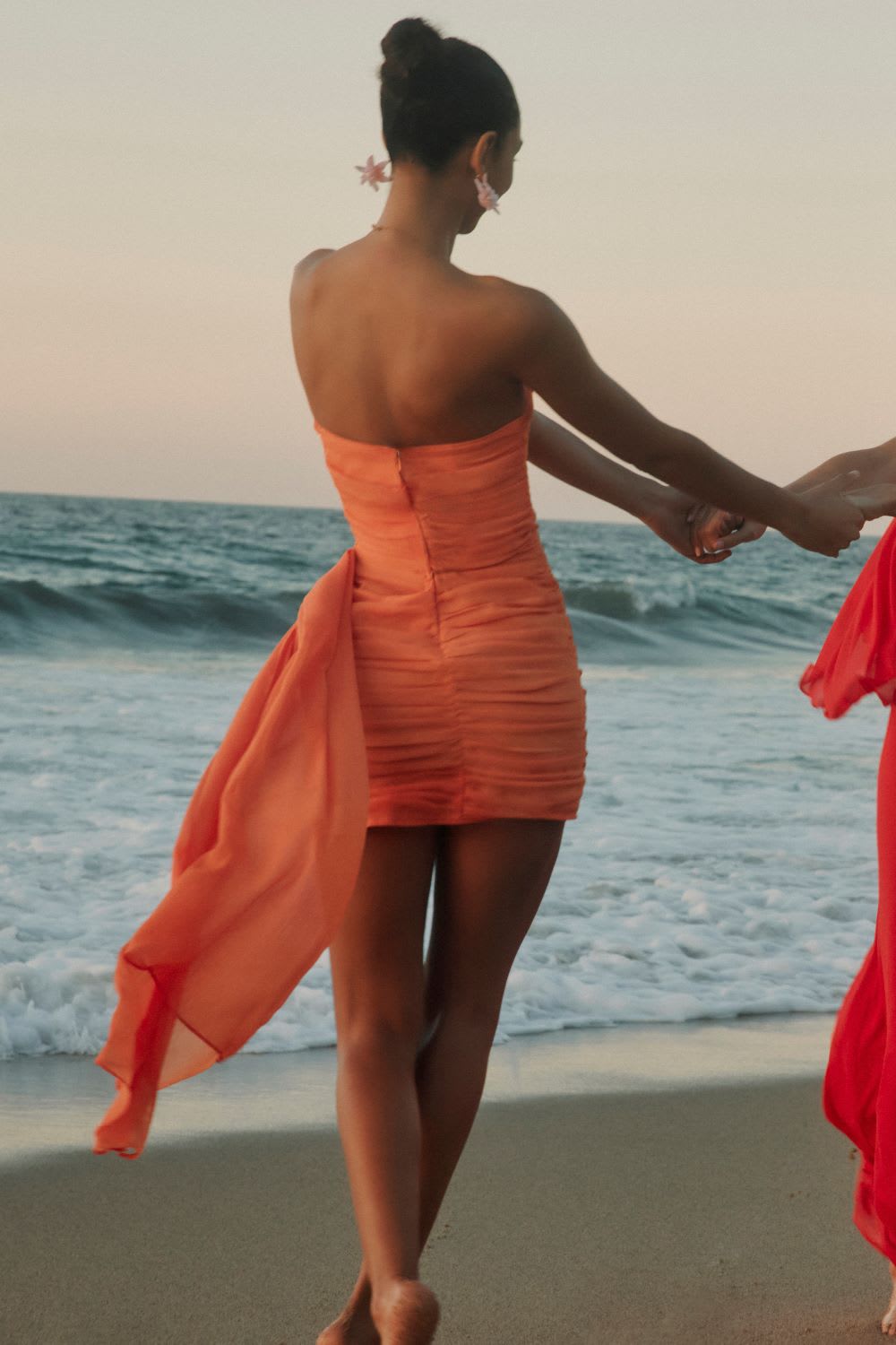 orange ruched bodycon mini dress