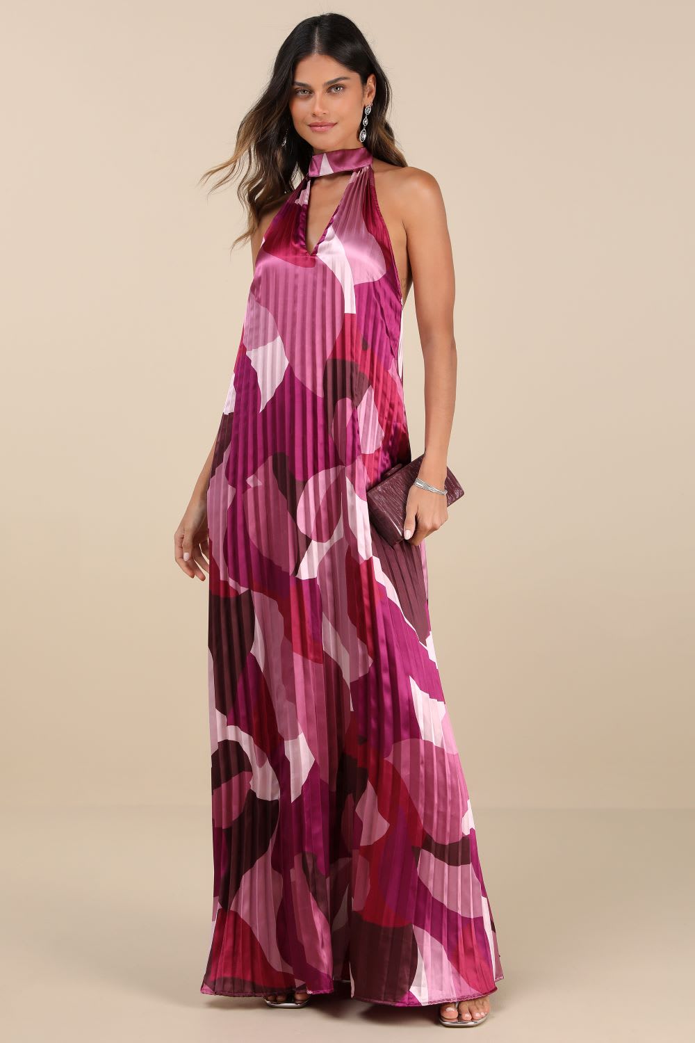 pink multi print abstract satin maxi dress