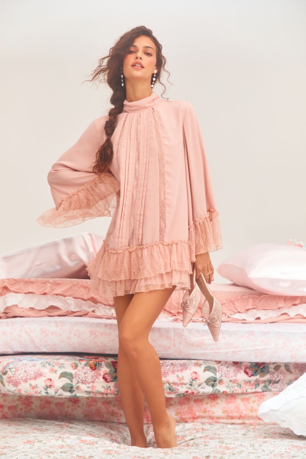 blush pink lace bell sleeve mini dress