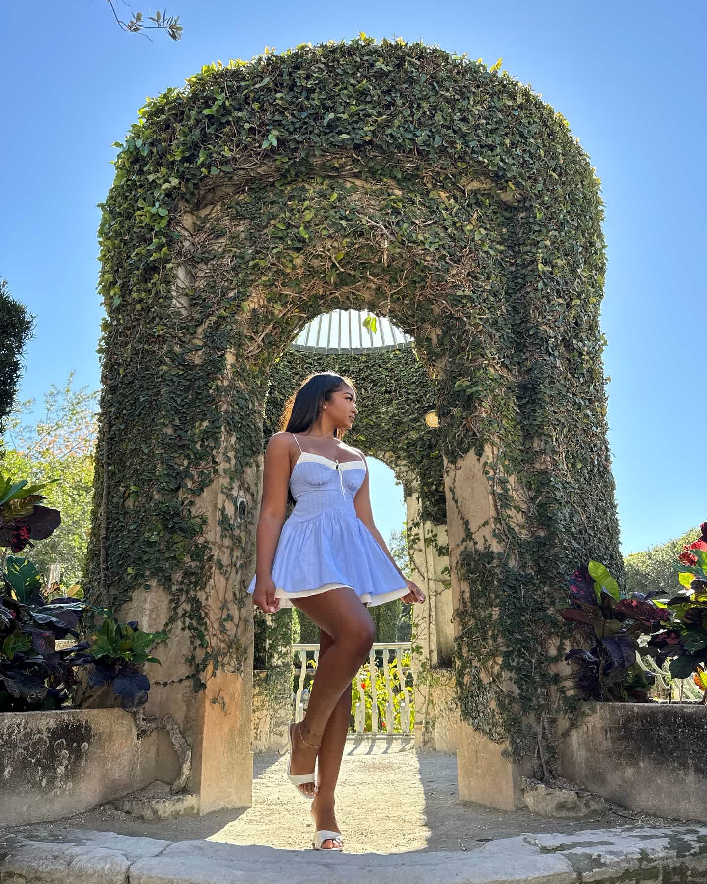 blue and white bustier mini dress