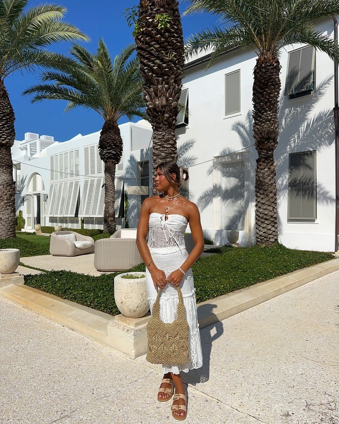 lace tiered strapless two piece midi dress