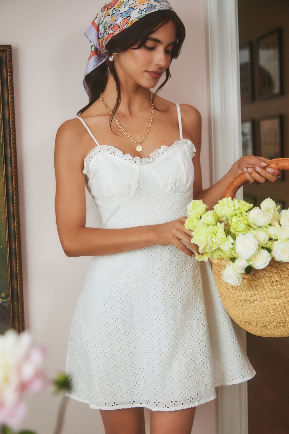 white eyelet mini dress