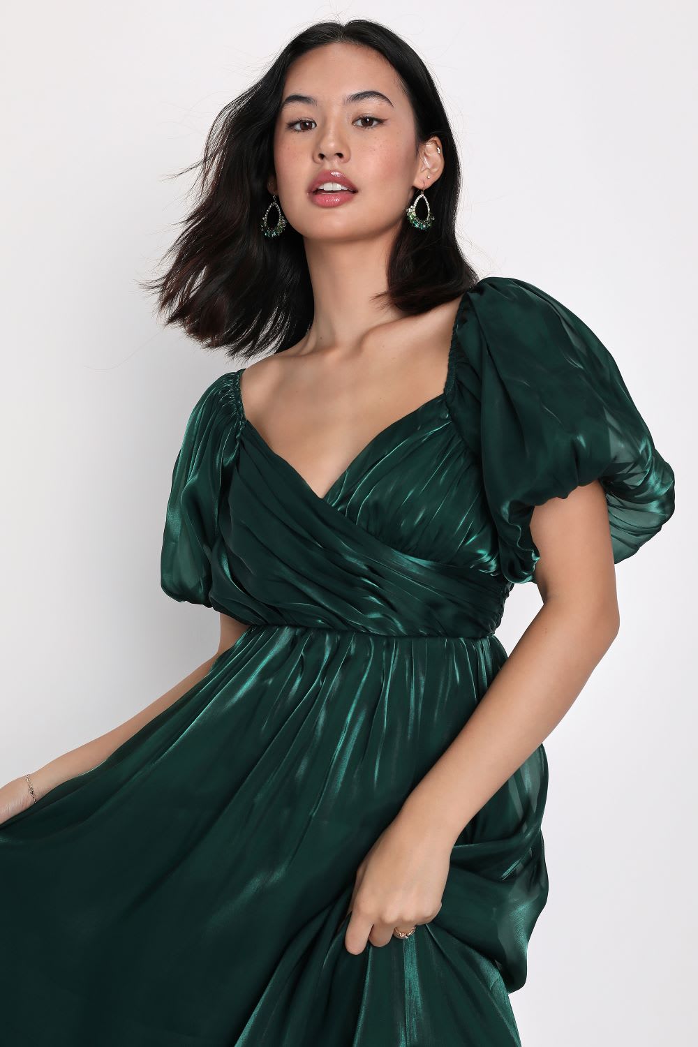 green surplice puff sleeve maxi dress