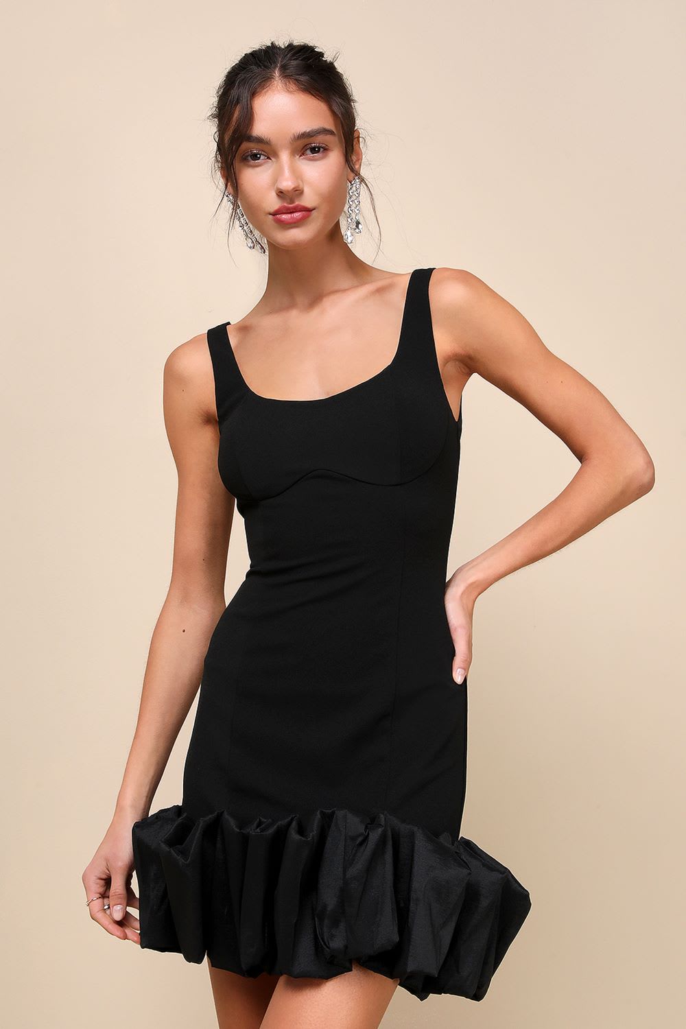 black scoop neck mini dress