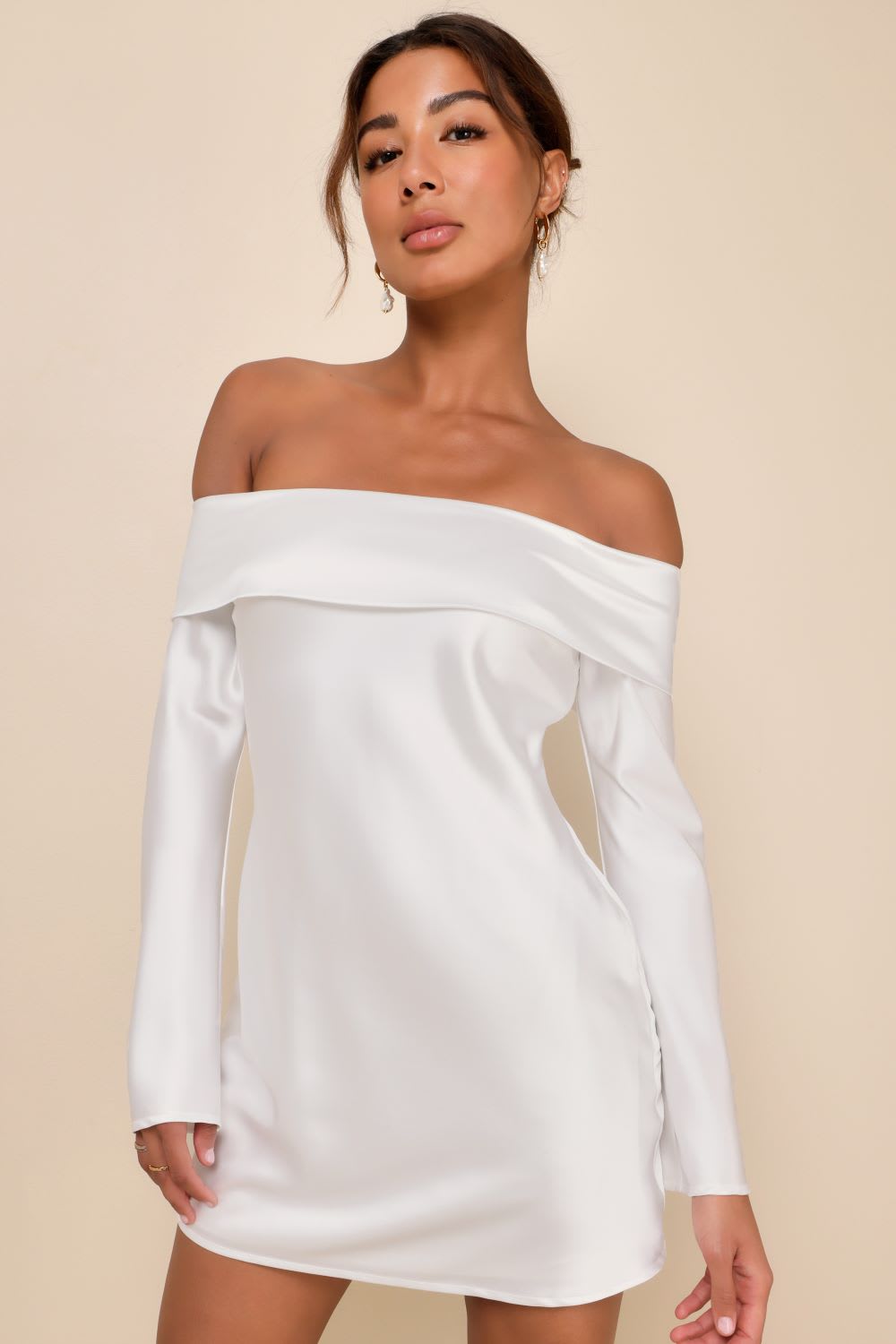white satin off the shoulder mini dress