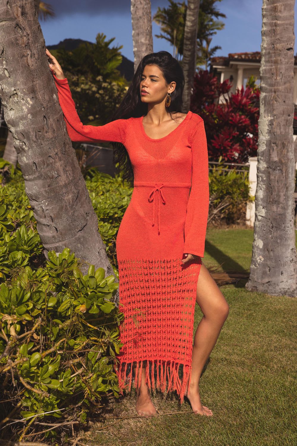 red crochet long sleeve cover up maxi dress