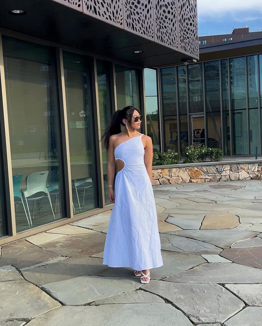 white striped cutout one shoulder maxi dress