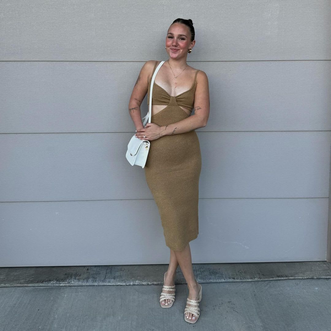 tan cutout midi sweater dress