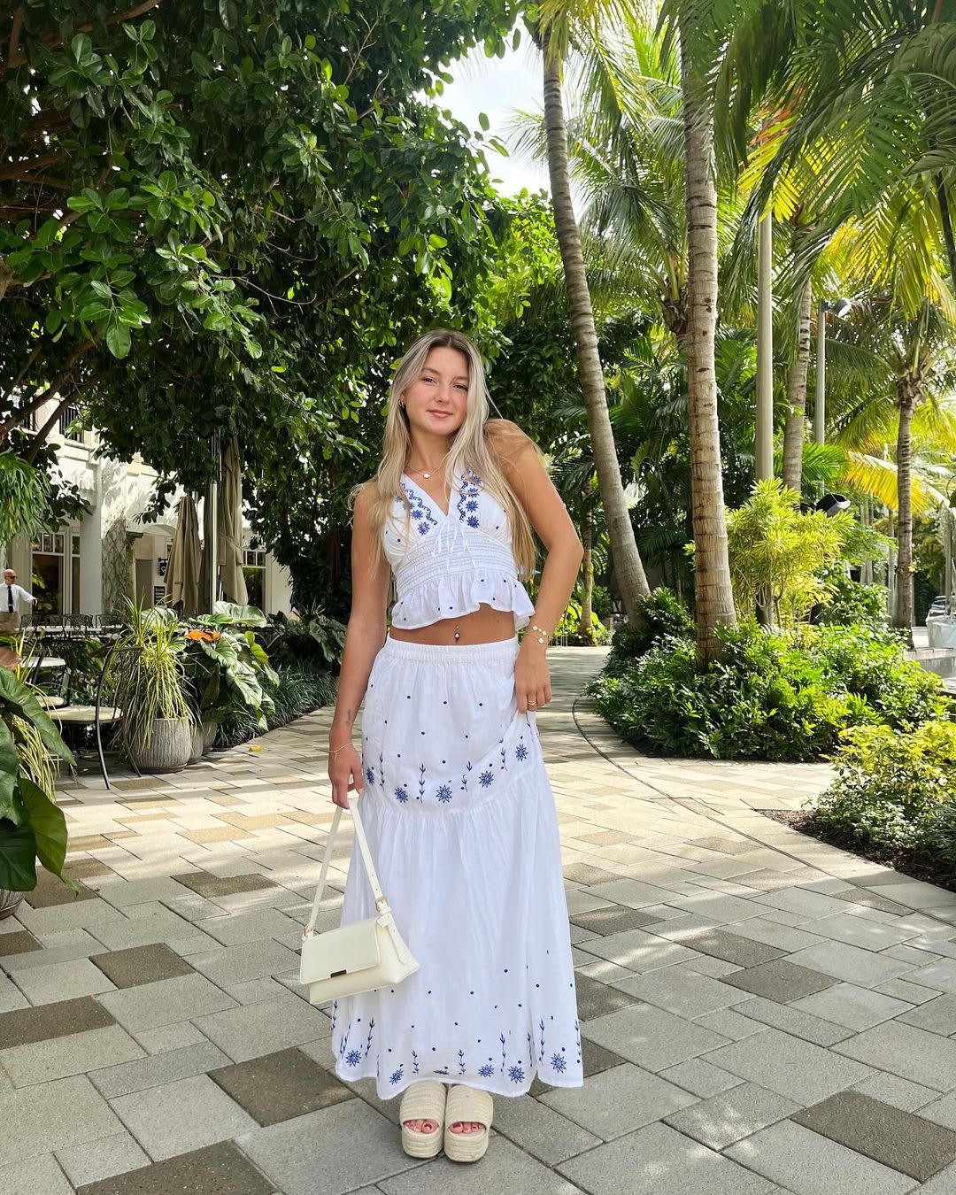 white embroidered tiered high waisted maxi skirt
