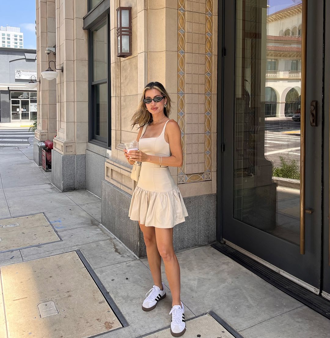beige drop waist mini dress