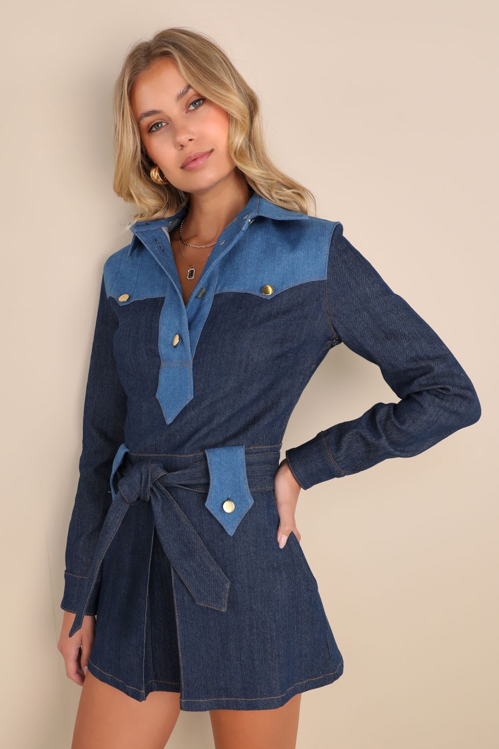 blue denim belted long sleeve mini dress
