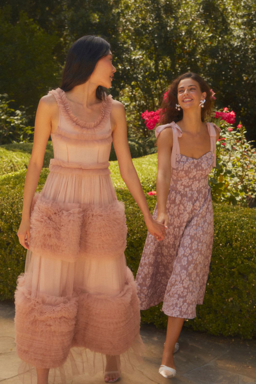 pink tulle ruffled sleeveless midi dress