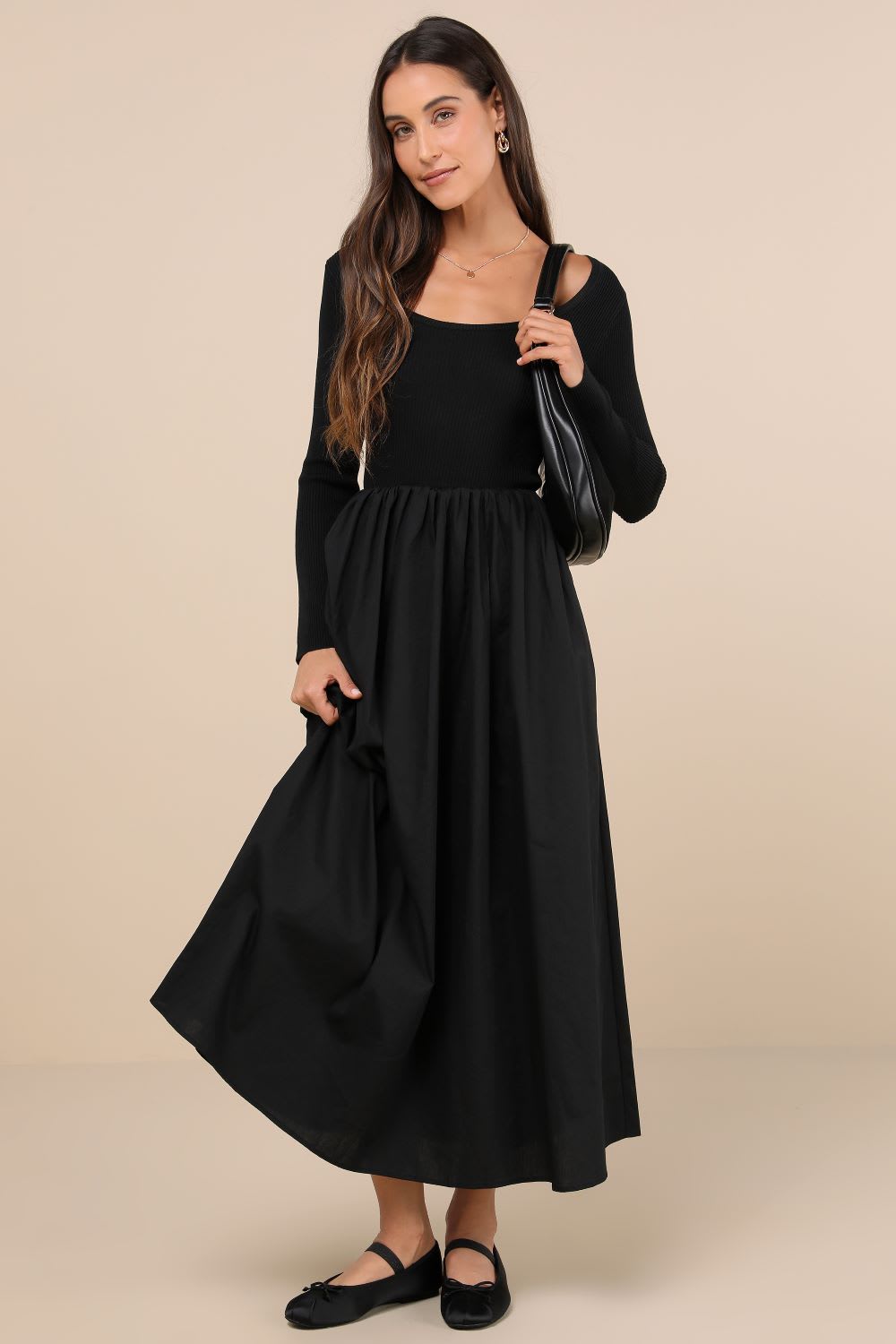 black long sleeve midi dress
