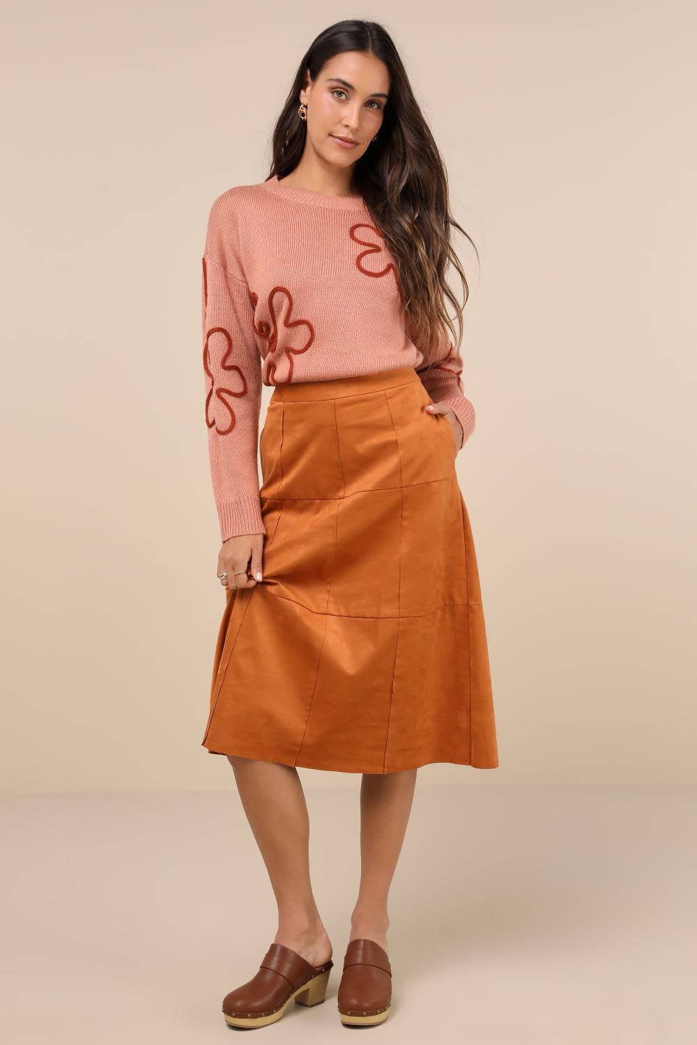 rust brown suede midi skirt