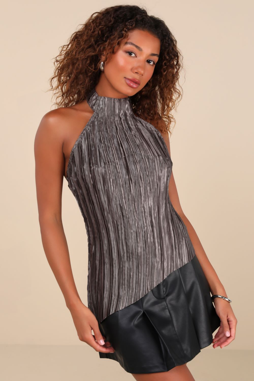 dark grey plisse asymmetrical halter top