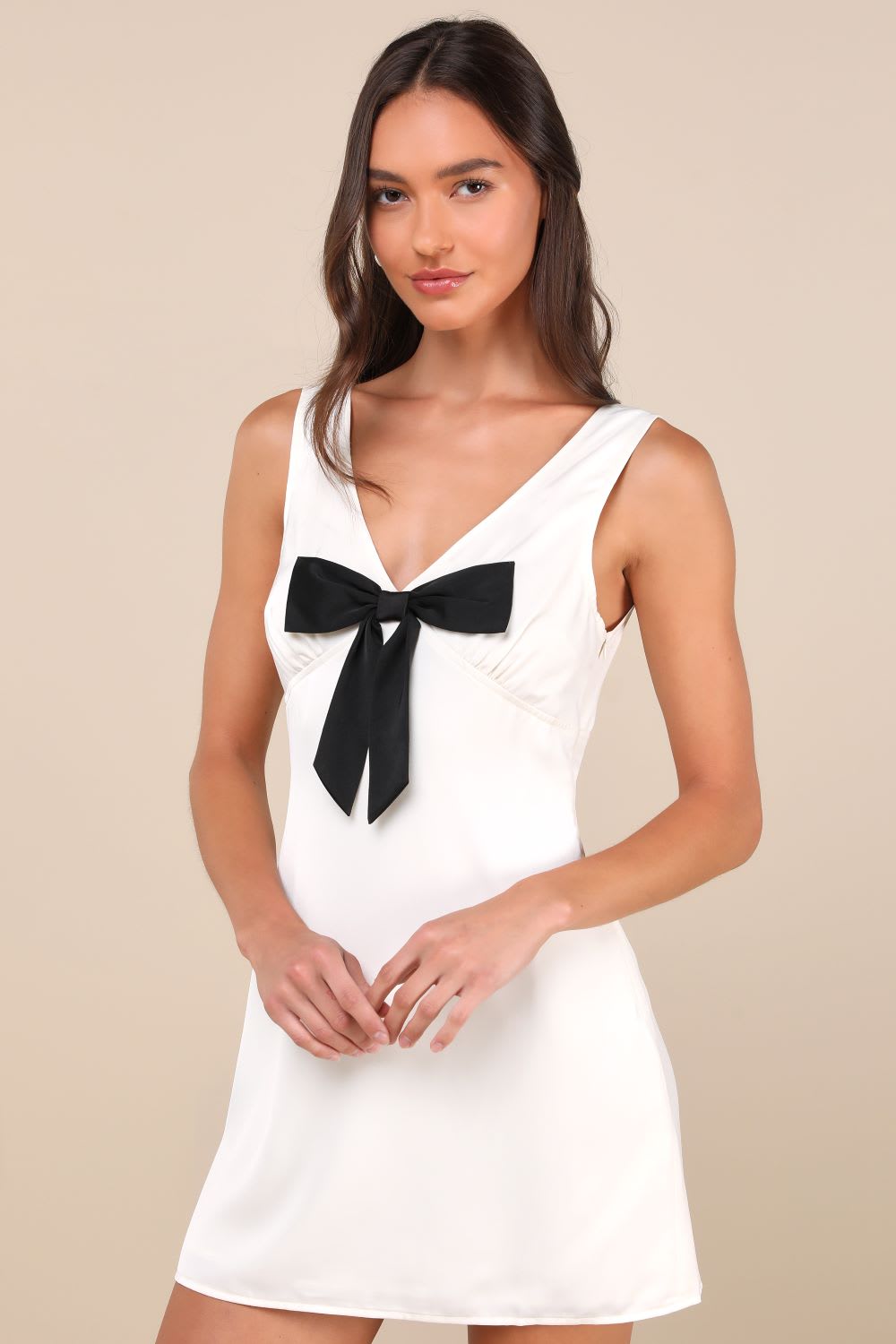 motel satin sleeveless bow mini dress