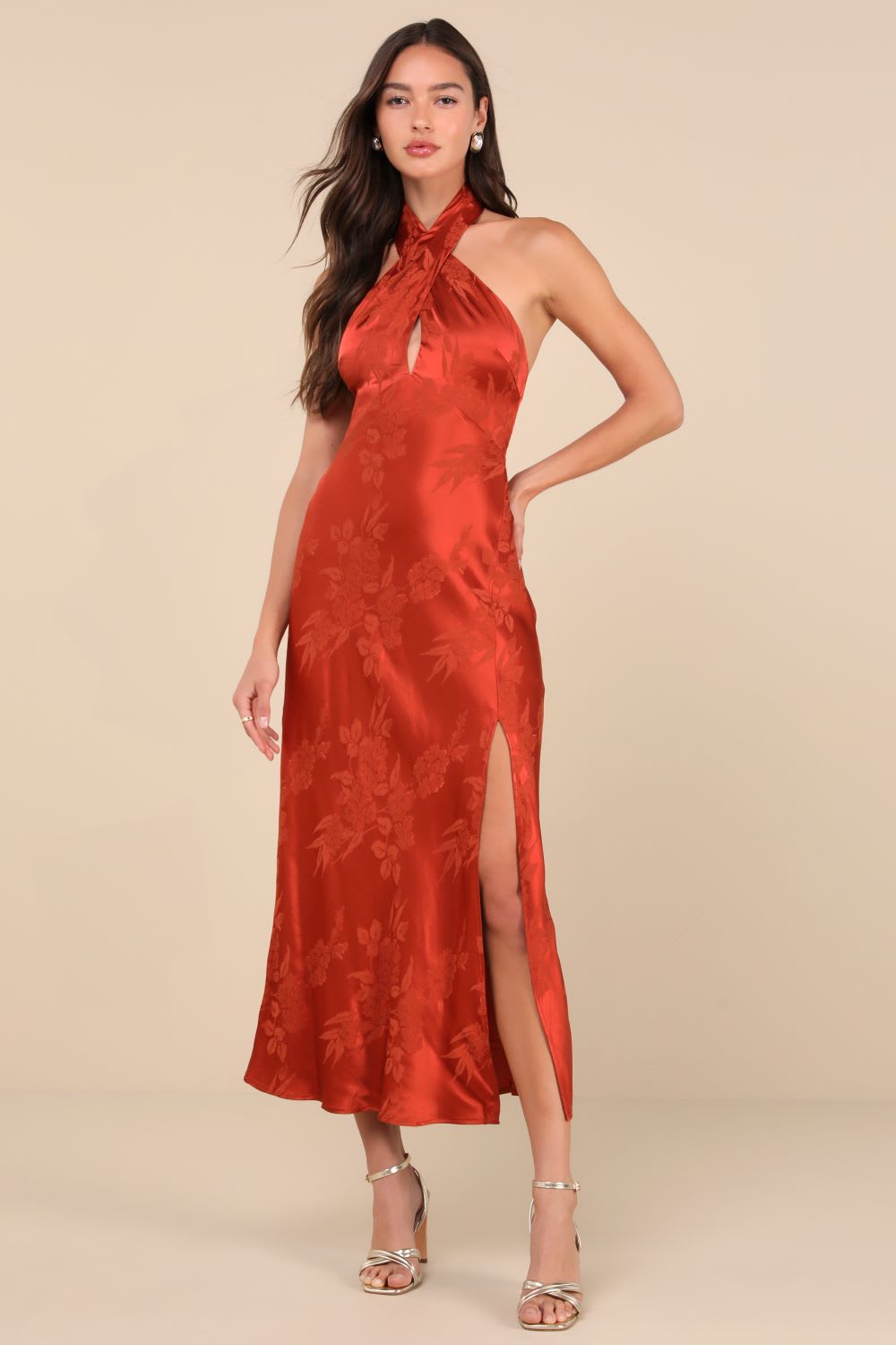rust orange jacquard midi dress