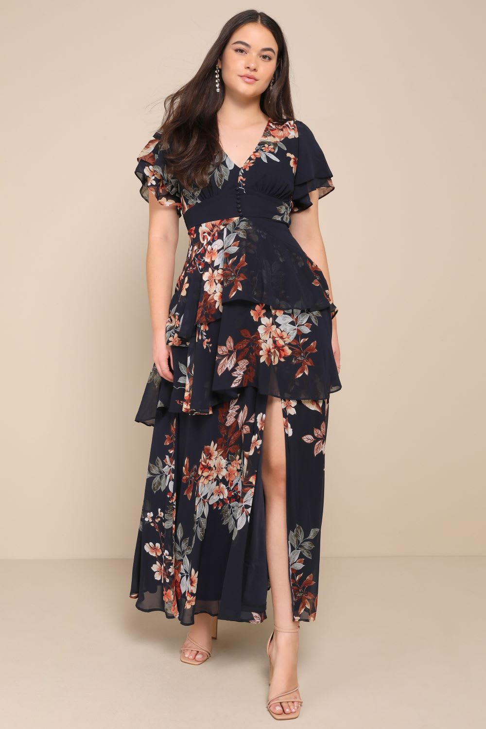 navy blue floral print tiered maxi dress