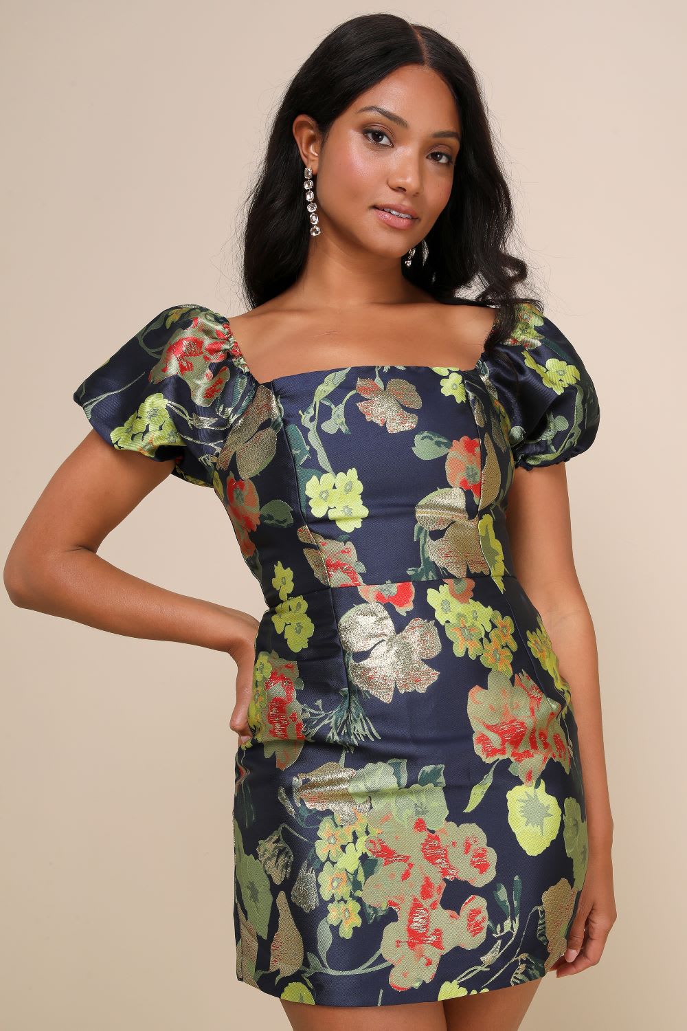 navy blue floral jacquard puff sleeve mini dress