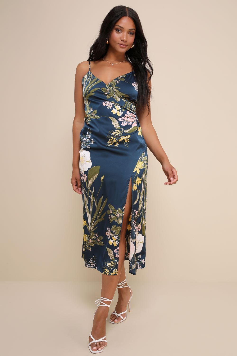navy blue floral print satin midi dress