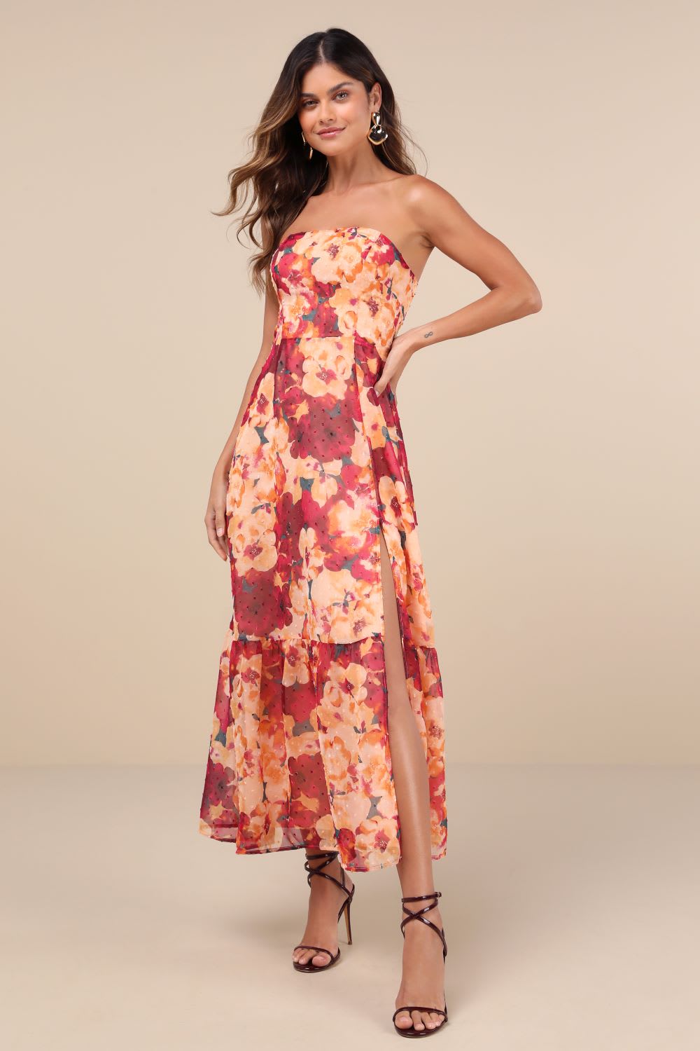plum and orange floral strapless midi dress
