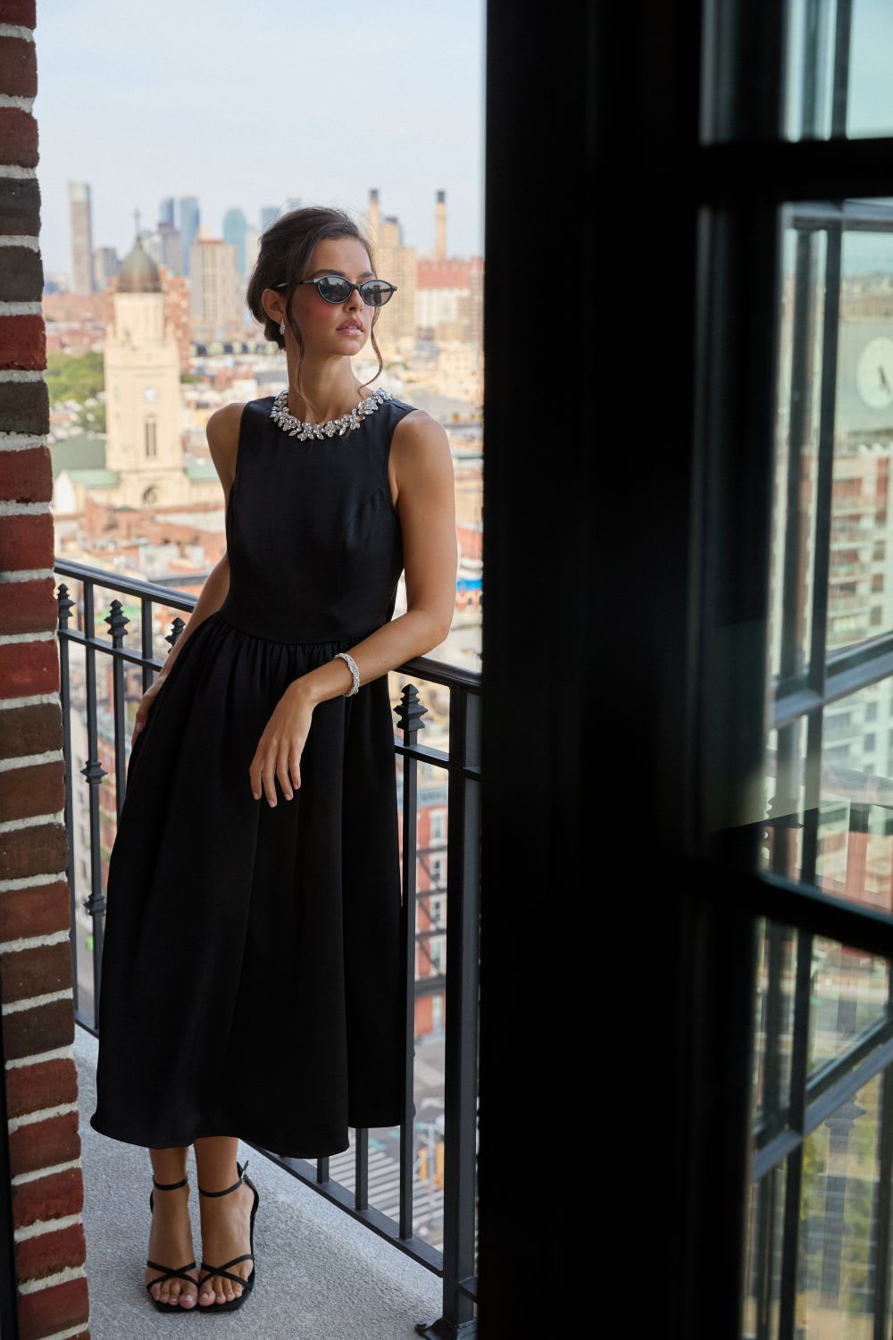 black jewel neck midi dress